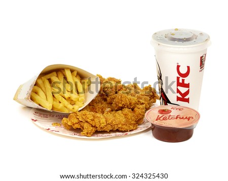 Bucharest Romania October   Kfc Crispy Strips Menu With French Fries