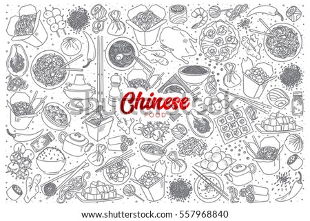 Hand drawn set of chinese food doodles with red lettering in vector