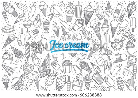 Hand drawn ice cream doodle set background with blue lettering in vector