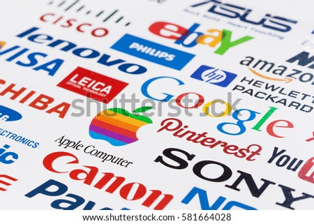 KIEV, UKRAINE - OKTOBER 03, 2015: A logotype collection of well-known world brand's printed on paper. Include Google, Samsung, Nokia, Apple, PayPal, Sony, Visa, Ebay others logo. Selective focus