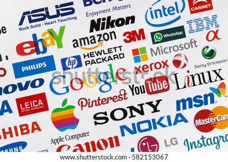 KIEV, UKRAINE - OKTOBER 03, 2015: A logotype collection of well-known world brand's printed on paper. Include Google, Samsung, Nokia, Apple, PayPal, Sony, Visa, Ebay more others logo. Selective focus