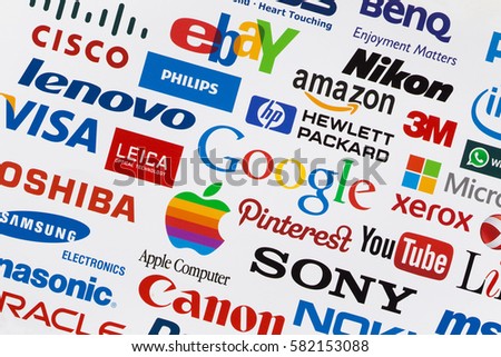 KIEV, UKRAINE - OKTOBER 03, 2015: A logotype collection of well-known world brand's printed on paper. Include Google, Samsung, Nokia, Apple, PayPal, Sony, Visa, Ebay more others logo. Selective focus