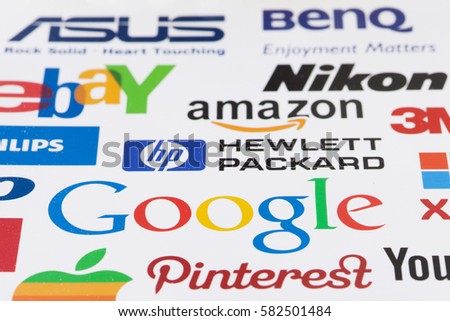 KIEV, UKRAINE - OKTOBER 03, 2015: A logotype collection of well-known world brand's printed on paper. Include Google, Samsung, Nokia, Apple, PayPal, Sony, Visa, Ebay others logo. Selective focus