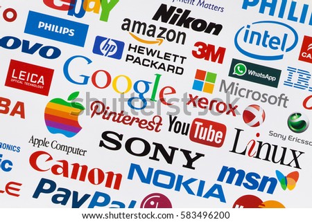 KIEV, UKRAINE - OKTOBER 03, 2015: A logotype collection of well-known world brand's printed on paper. Include Google, Samsung, Nokia, Apple, PayPal, Sony, Visa, Ebay others logo. Selective focus