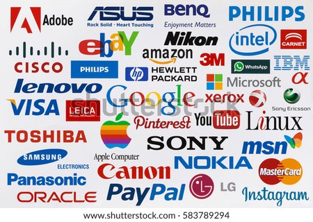 KIEV, UKRAINE - OKTOBER 03, 2015: A logotype collection of well-known world brand's printed on paper. Include Google, Samsung, Nokia, Apple, PayPal, Sony, Visa, Ebay others logo. Selective focus
