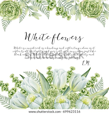 stock photo watercolor background with green and white flowers isolated on white background hand painted 699623116