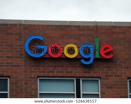 SEATTLE, WASHINGTON/USA - June 24, 2016: Outside View of Google Logo on Office Building in Seattle, Washington