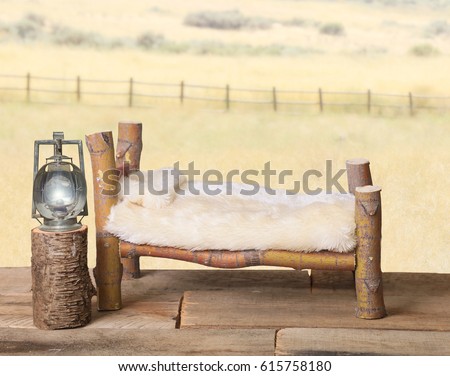 A newborn baby photography backdrop prop of a rustic bed.