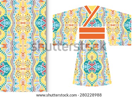 Vector fashion illustration, decorative stylized Japanese kimono ethnic clothes, fabric seamless floral pattern with repeating texture, elements for invitation or greeting card design.