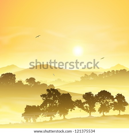 A Misty Countryside Landscape with Sunrise, Sunset