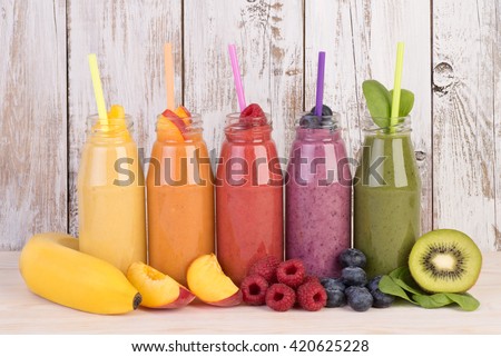 Fruit smoothies variety in rainbow colors