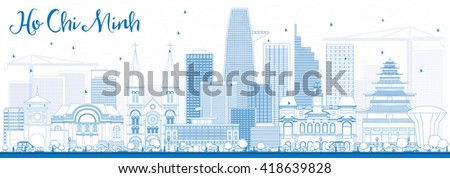 Outline Ho Chi Minh Skyline with Blue Buildings. Vector Illustration. Business Travel and Tourism Concept with Modern Buildings. Image for Presentation Banner Placard and Web Site.