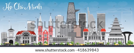 Ho Chi Minh Skyline with Gray Buildings and Blue Sky. Vector Illustration. Business Travel and Tourism Concept with Modern Buildings. Image for Presentation Banner Placard and Web Site.