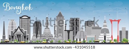 Bangkok Skyline with Gray Landmarks and Blue Sky. Vector Illustration. Business Travel and Tourism Concept with Bangkok City. Image for Presentation Banner Placard and Web Site.