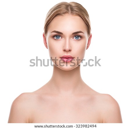 Beauty Woman face Portrait. Beautiful Spa model Girl with Perfect Fresh Clean Skin. Blonde female looking at camera and smiling. Youth and Skin Care Concept. Isolated on a white background
