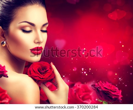Beauty woman with Red Rose. Valentine. Red Lips and Nails. Beautiful Luxury Makeup and Manicure. Valentine's Day border design. Portrait of fashion model girl over blurred red background