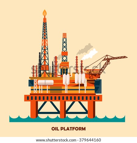 Offshore oil platform design concept set with petroleum. Helipad, cranes, derrick, hull column, lifeboat, workshop, manifold, gas lift module. Vector illustration