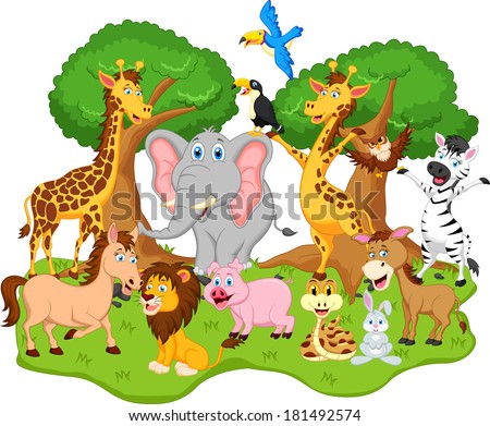 Group Wild Animals Gathering Near Tree Stock Vector 288771935 ...