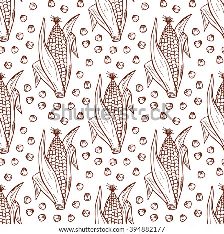 Vector Vegetable background. Hand drawn doodle Corn cobs and corn grains Seamless pattern