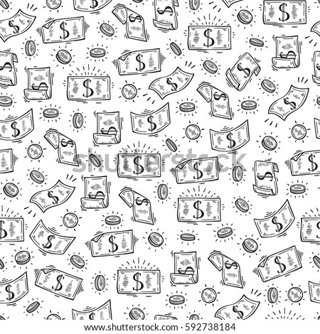 Money rain Vector Seamless pattern. Hand Drawn doodle Dollar Banknotes and Coins