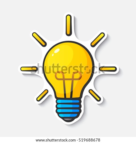 Vector illustration. Light bulb with rays of light. Cartoon funny sticker in comic style with contour. Design element for your stickers, card, posters, emblems, web design, and fabric