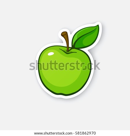 Vector illustration. Green apple with stem and leaf. Healthy vegetarian food. Cartoon sticker in comics style with contour. Decoration for greeting cards, posters, patches, prints for clothes, emblems