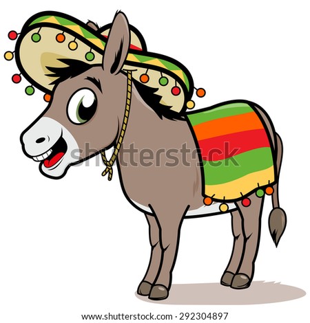 stock photo illustration of a cartoon mexican donkey wearing a sombrero and a colorful blanket 292304897