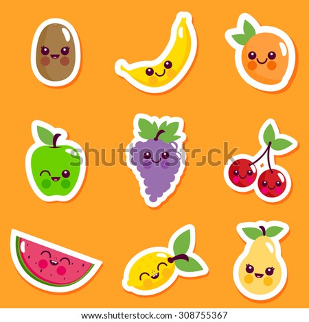 Cute cartoon fruit characters sticker set.