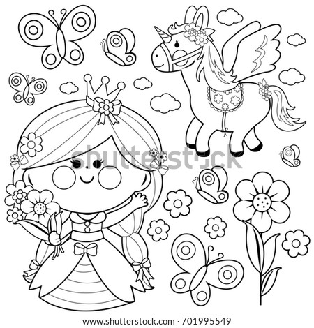 Beautiful Princess Holding Spring Flowers Unicorn And Butterflies Black White Coloring Page Illustration