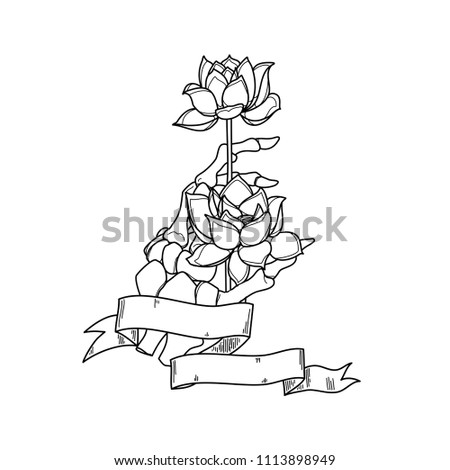 Realistic Hand Skeleton With Lotus Flower In White Background Vector Illustration Handmade Black Line