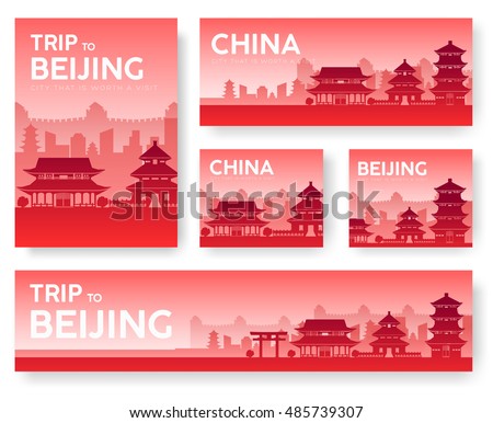 Country China landscape vector banners. Set of architecture, fashion, people, items, nature background concept. Infographic template design for web and mobile on flat icon style