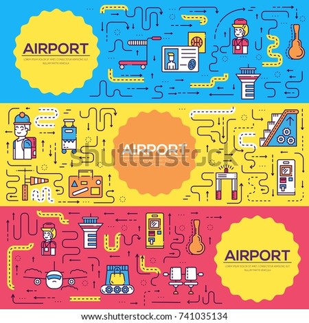 Thin line staff working and registering people brochure cards set. luggage in the airport template of flyear, magazines, poster, book cover, banners. Outline registration line invitation concept.