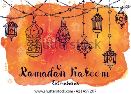 Ramadan Kareem Traditional lantern garland.Doodle greeting card with Watercolor splash,lettering
