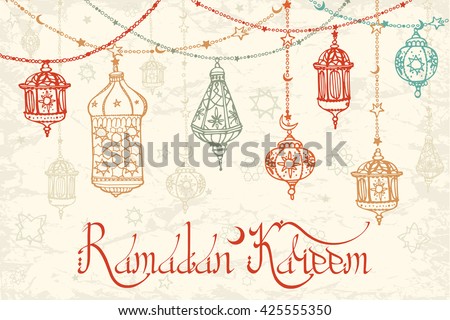 Ramadan Kareem Traditional lantern garland.Vector Doodle greeting card .Holy month of muslim community.Ramazan Hand drawing hanging arabic lamp,star,moon background. Holiday lettering