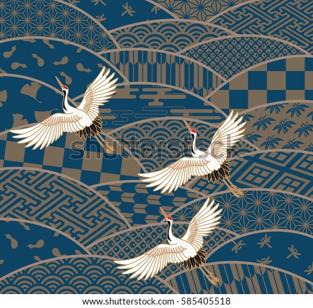 Three cranes and multiple patterned Japanese traditional pattern