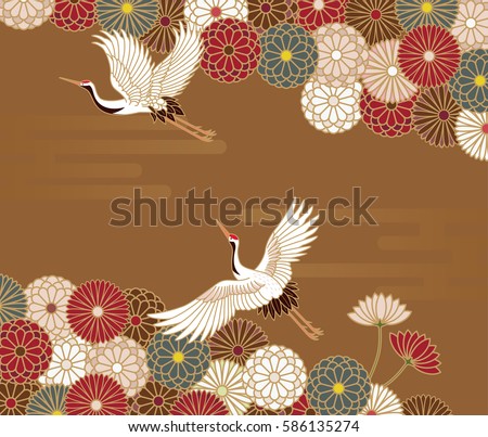 Cranes and chrysanthemums Japanese traditional pattern in gold background