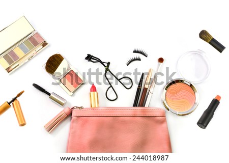 make up bag with cosmetics and brushes isolated on white