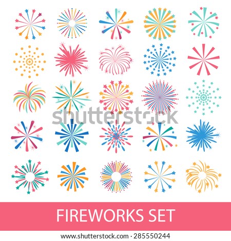 Colorful fireworks set isolated on white background, vector illustration. Holiday and party firework icons collection