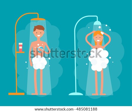 Man and woman taking shower in bathroom, vector illustration. Shower with running water. Flat modern vector illustration of people taking shower isolated.