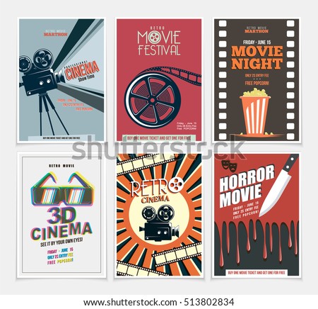 Movie retro posters and flyers set. Vintage cinema promotional printing collection. Can be used for ad, banner, we design. Layout template in A4 size.