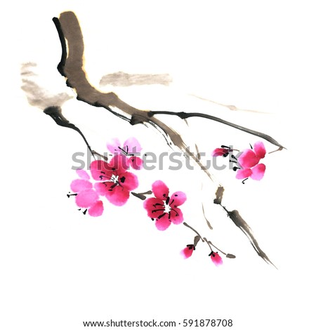 Spring Cherry Blossom Watercolor Painting Stock Illustration 174179228 ...