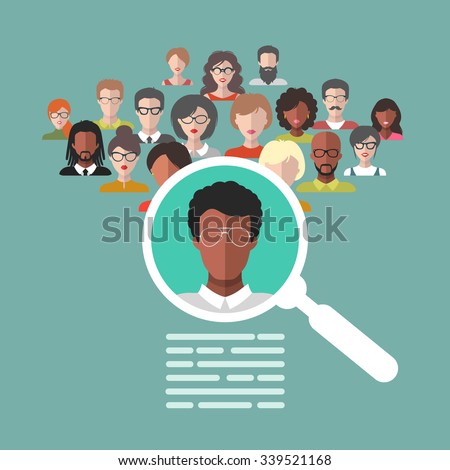 Vector concept of human resources management, professional staff research, head hunter job with magnifying glass. HR illustration in flat style. Male and female faces app icons