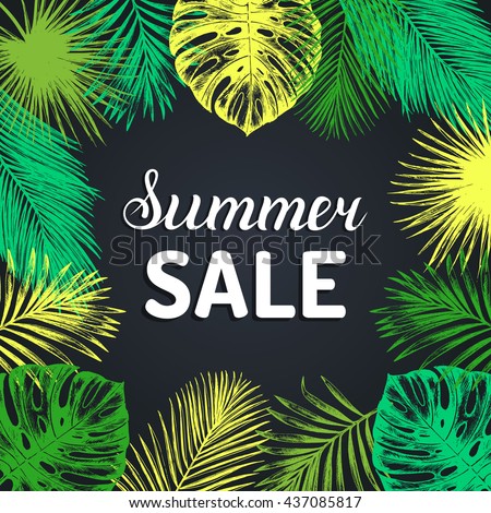 Summer sale vector background. Season discount with vintage tropical plants illustration. Special offer poster in jungle foliage frame.