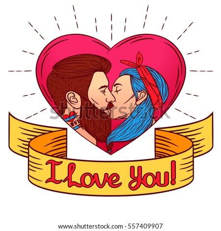 Colorful vector illustration for Saint Valentine's card. Vector image a man kissing a woman. Two young people are kissing on the heart background of pink color with text "I love you" on a ribbon