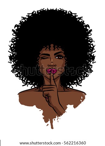 Young sexy dark skinned women. Afro american girl holding hand near her face. Print with dark skin female face on white background