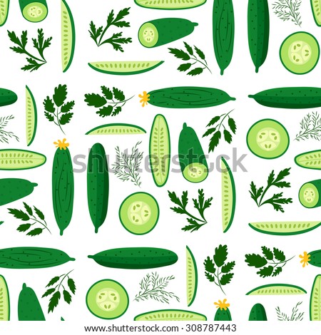 Vector seamless pattern with ripe cucumbers. Great for design of healthy lifestyle or diet. For wrapping paper, textiles and other food designs.Vector illustration.