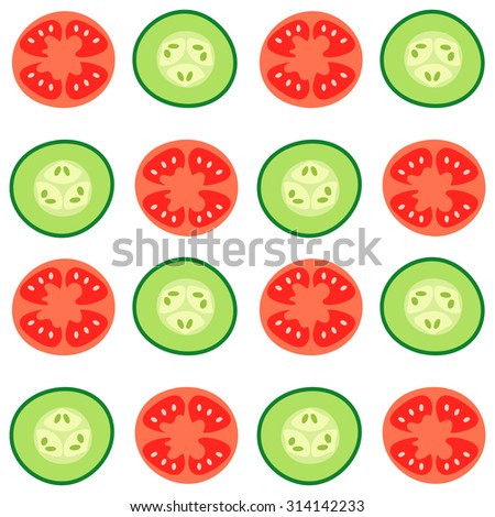 Vector seamless pattern with red tomatoes and ripe cucumbers. Great for design of healthy lifestyle or diet. For wrapping paper, textiles and other food designs.Vector illustration.
