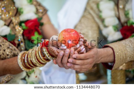 Traditional Rasam Indian Wedding Holding Thaali Stock Photo