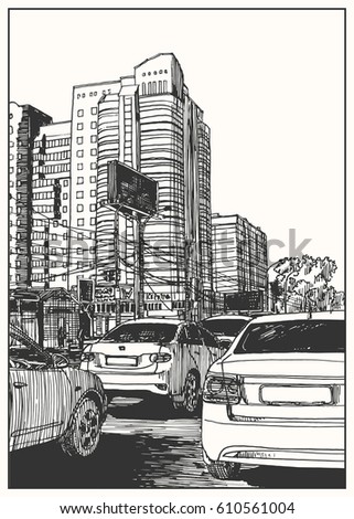 Architecture Drawing Cars city view buildings road cars black stock vector 608683895 Architecture Drawing Cars city view buildings road cars black stock vector 608683895
