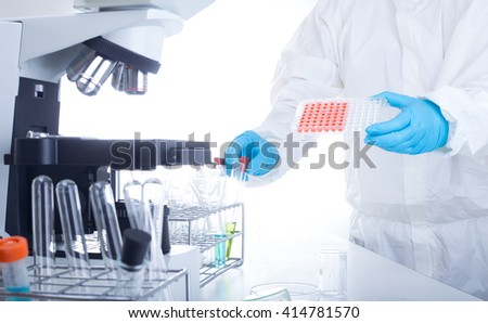 scientist put chemical protective clothing, and testing of chemical lab